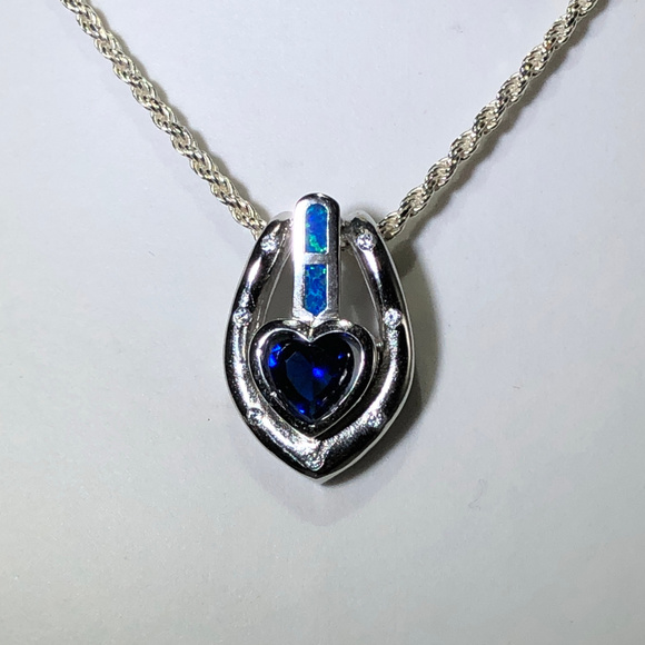 For My Love Sterling Heart Sapphire Opal 925 Silver Rope Necklace - Picture 4 of 7